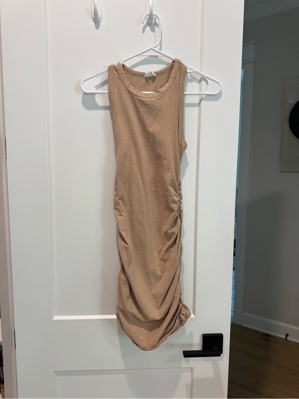 Le Lis Sleeveless Ruched Midi Dress in Tan
